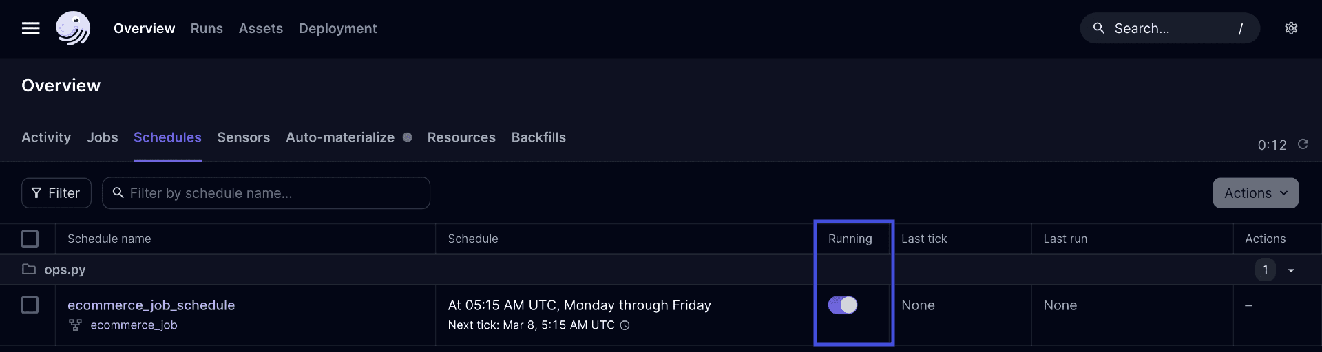 Schedules tab in the Dagster UI